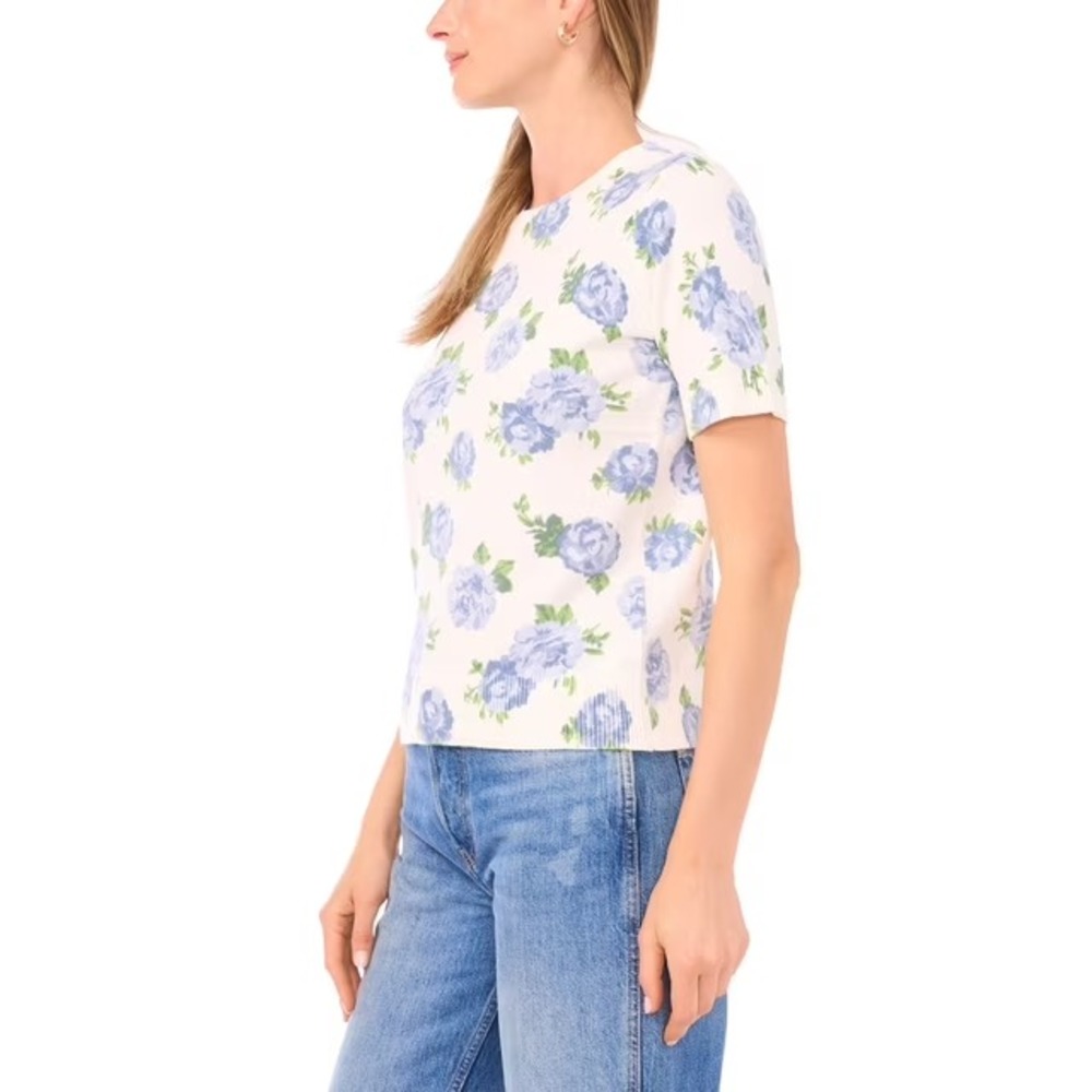 Vince Camuto Blue Floral Short Sleeve Sweater Crew Neck XL Pullover - Picture 3 of 6
